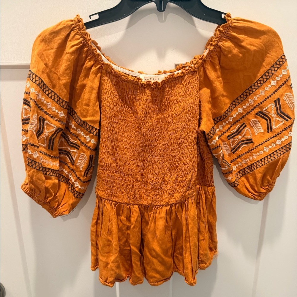 Baevely Burnt Orange Smocked Boho Top | Size S | Puff Sleeve